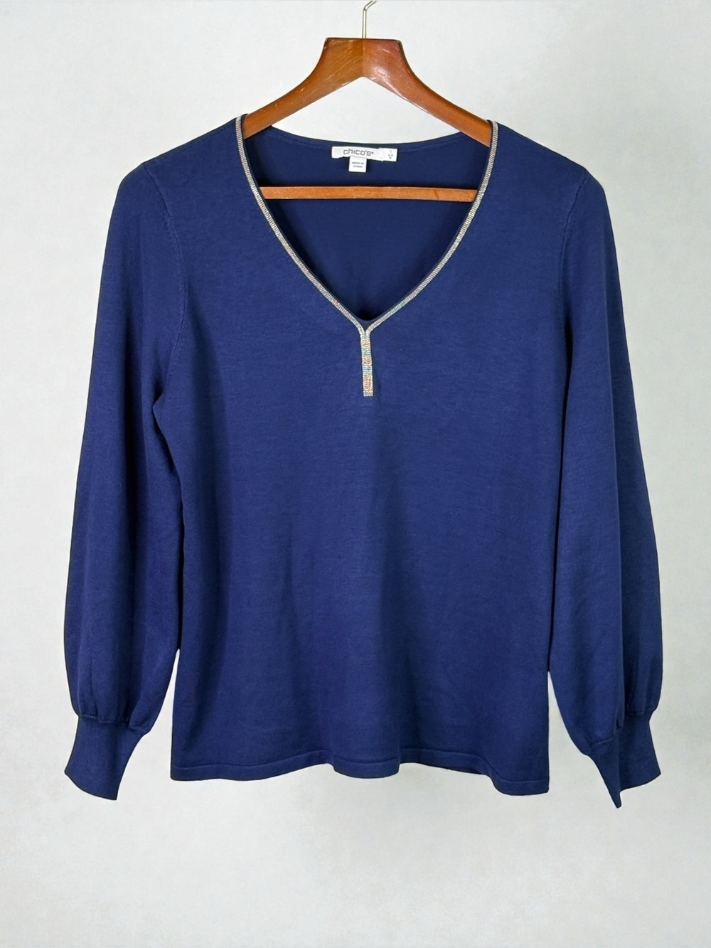 Chico's 1 Metallic Trim V-Neck Balloon Sleeve Lightweight Knit Top Blue M *Flaw